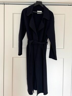 sandro kava long belted wool coat dark navy